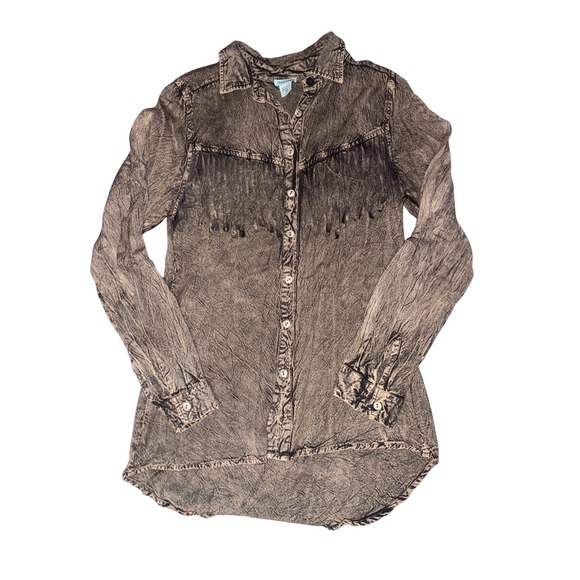 Nostalgia Tops - Nostalgia Grey Brown Acid Wash Fringe Western Rayon Button Down Shirt Medium NWT